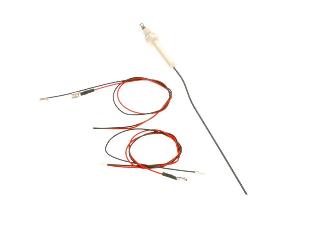 Bosch-Anode mit zwei Kabeln in rot und schwarz, ausgestattet mit einer Metallspitze für elektrische Anwendung.